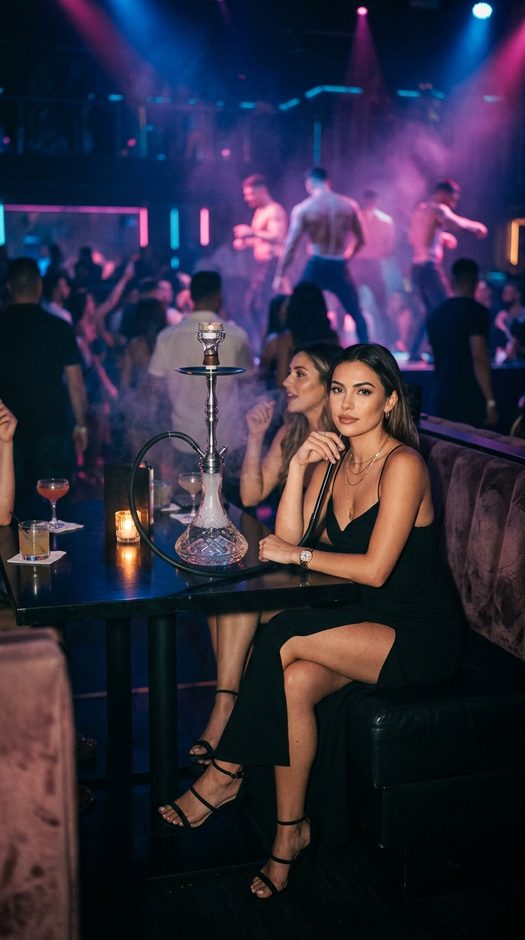 женщина с кальяном в vip зоне ночного клуба