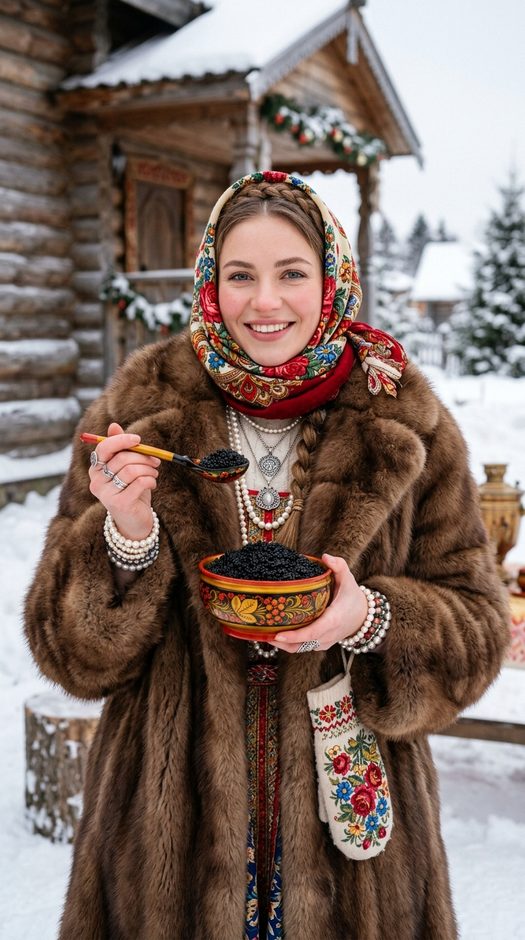 славянская женщина в шубе с чашей черной икры