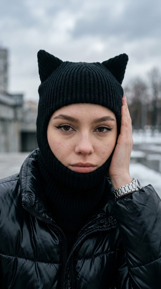 зимний портрет в балаклаве с кошачьими ушками