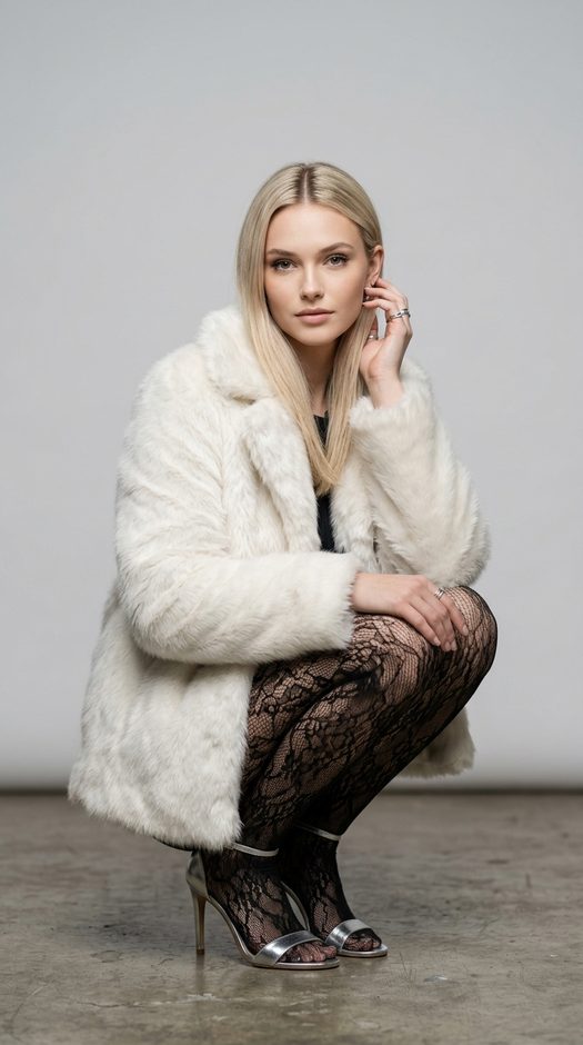 студийная fashion фотосессия в белой шубе