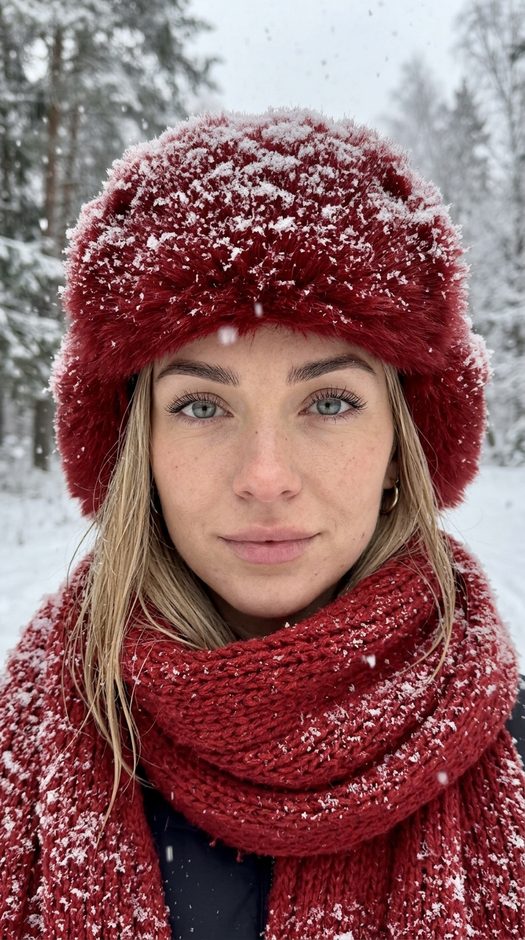 зимняя фотосессия в красной ушанке со снегом