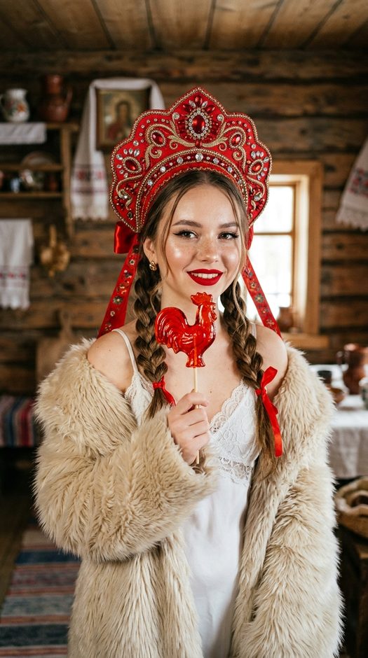 девушка в кокошнике с леденцом в избе