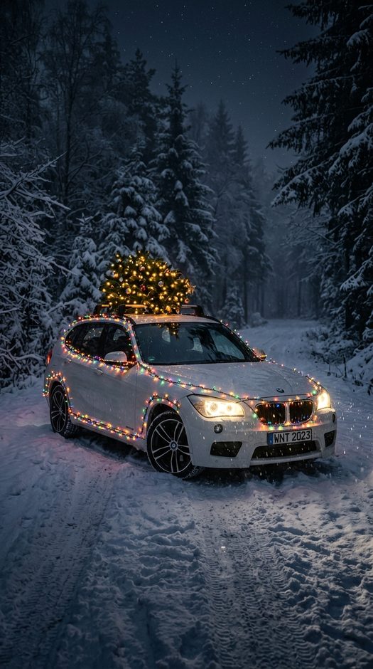 зимняя bmw с гирляндами в лесу