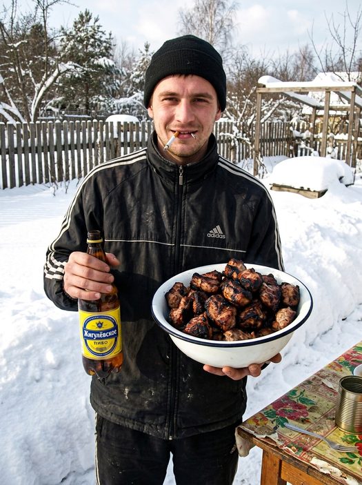 мужчина с шашлыком и пивом на даче зимой