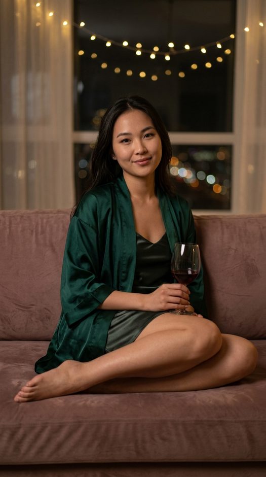 девушка на диване с бокалом вина у окна