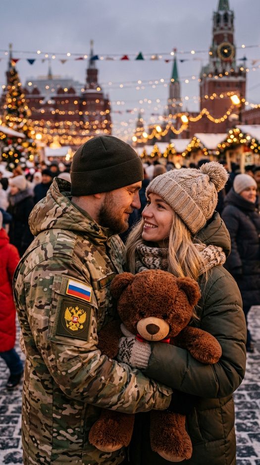 пара на рождественской ярмарке с плюшевым медведем