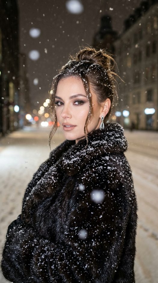 вечерняя фотосессия в снегу в меховой шубе
