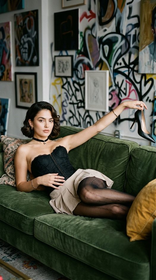 девушка на диване с туфлей в fashion фотосессии