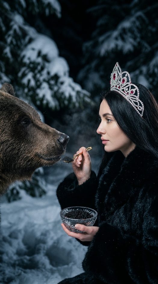 женщина с медведем и икрой в зимнем лесу