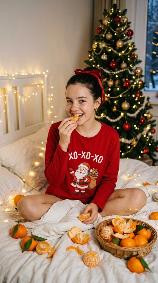 devushka-s-mandarinom-na-krovati-u-elki