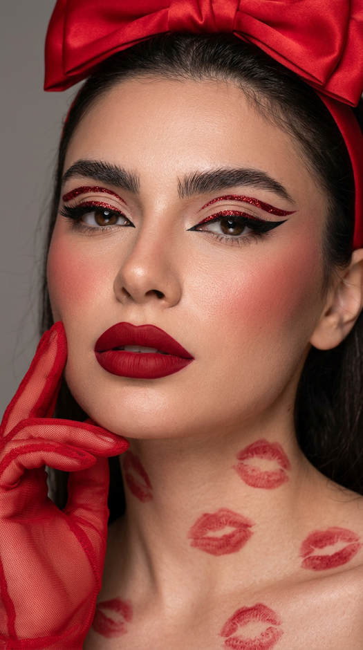 beauty фотосессия с красным бантом и поцелуями