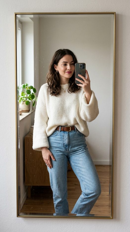 mirror selfie в свитере у светлой стены
