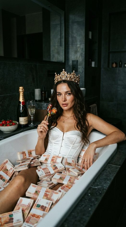 женщина в ванне с деньгами и короной