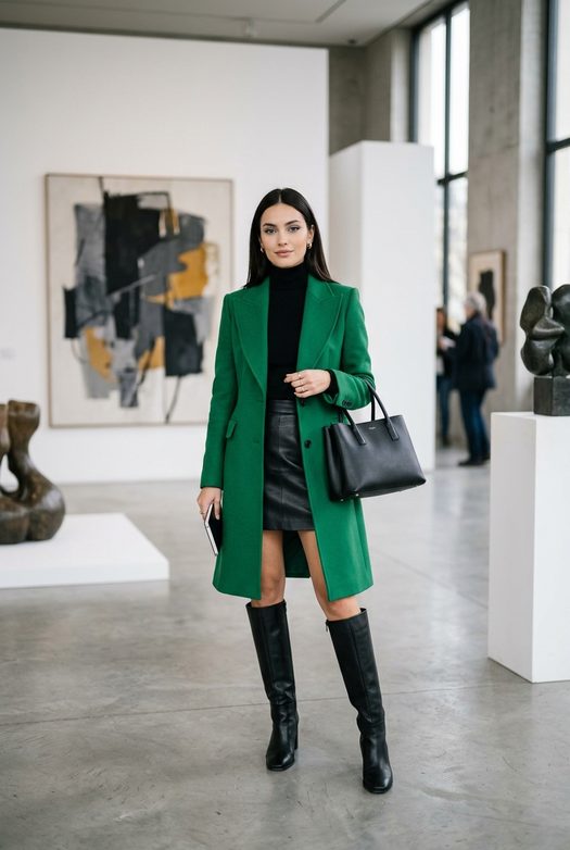 арт fashion фотосессия в галерее с зеленым пальто