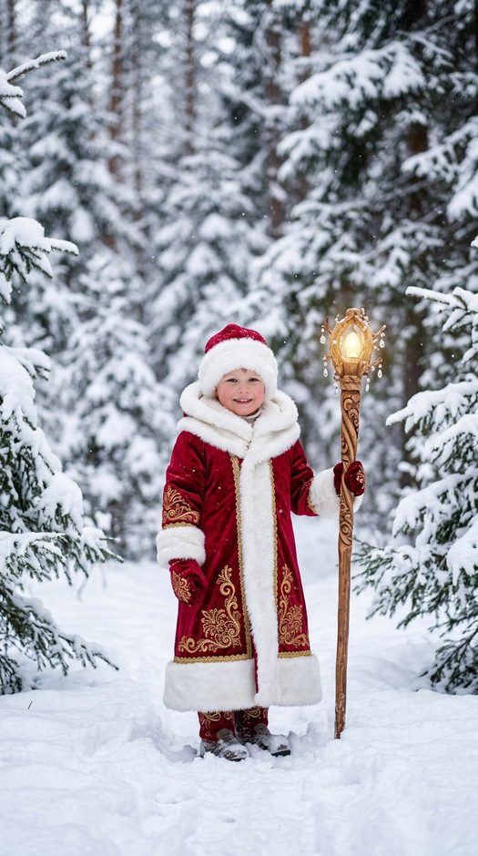 rebenok-v-kostyume-santy-s-posohom-v-zimnem-lesu