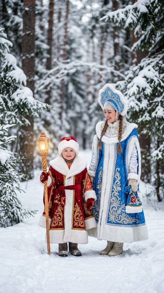 mama-i-syn-v-novogodnih-kostyumah-v-zimnem-lesu