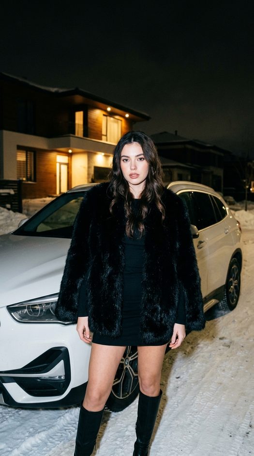 Зимняя фотосессия у белого BMW ночью