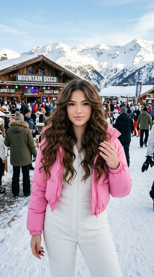 зимняя фотосессия в горах на фоне курорта