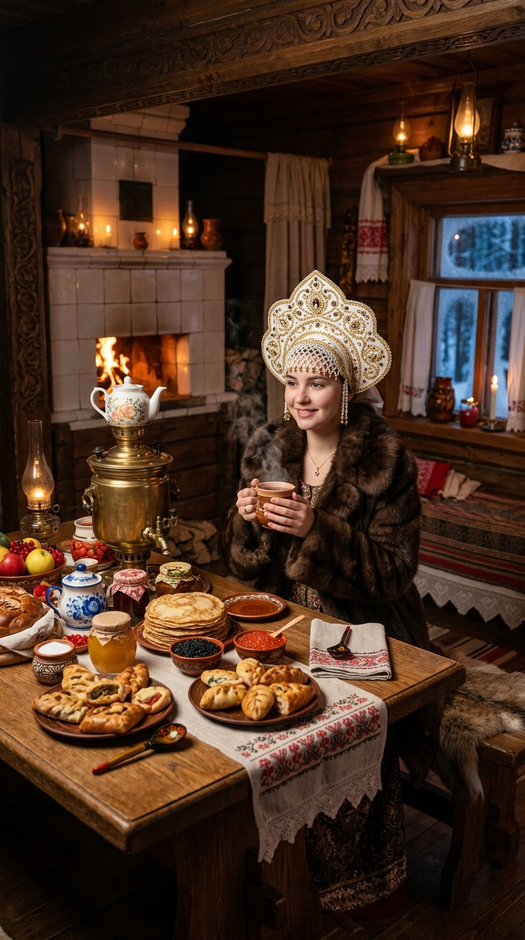 devushka-v-russkoy-izbe-za-stolom-s-samovarom