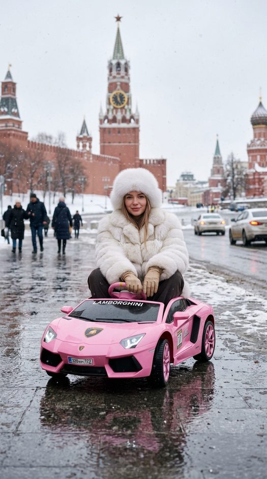 девушка в детском ламборгини у кремля зимой