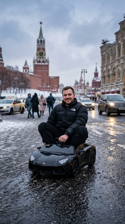 мужчина в детском ламборгини у кремля зимой