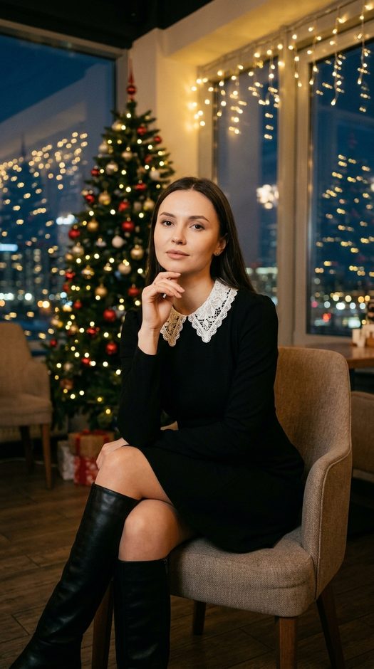 Новогодняя фотосессия в кафе с елкой и огнями