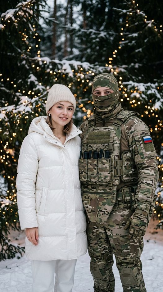 Женщина с военным в лесу с гирляндами зимой