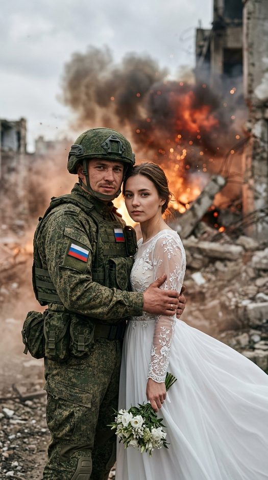 Свадебная пара на фоне взрыва