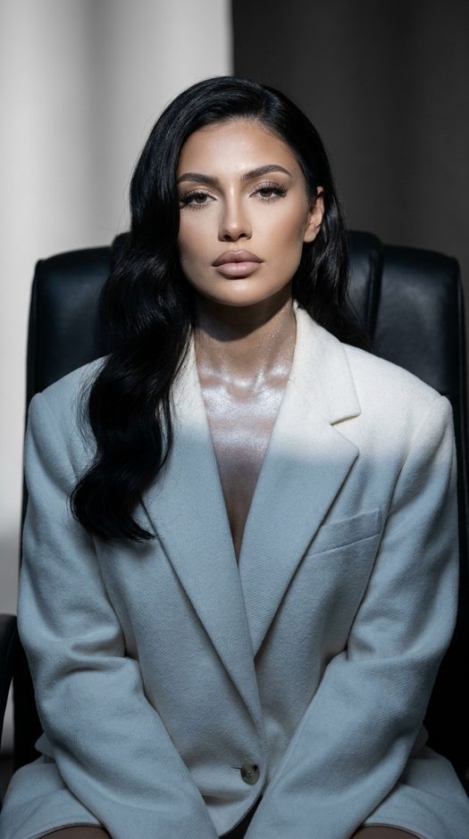 fashion фотосессия в белом пиджаке на черном стуле