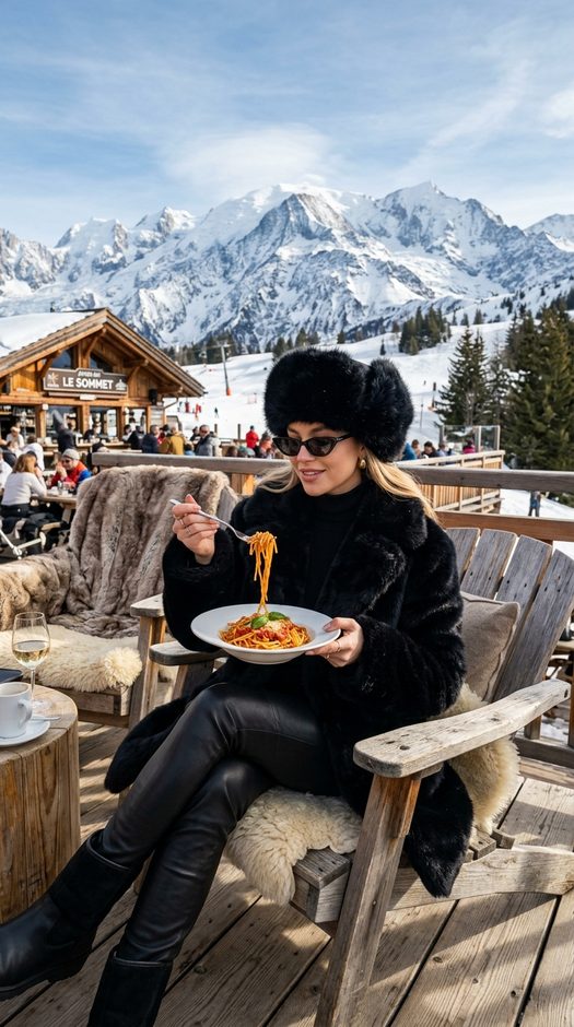 женщина в альпах со спагетти в стиле apres ski