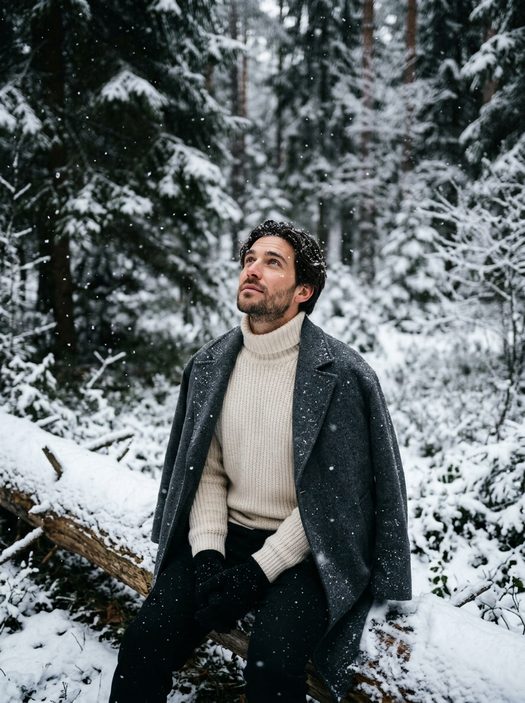 мужчина в снежном лесу на бревне вид сверху
