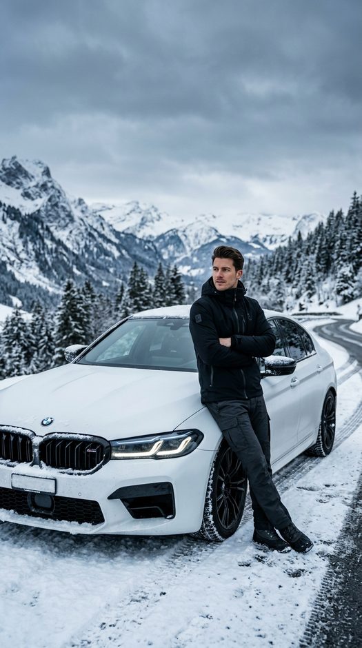 мужчина у bmw m5 на снежной горной дороге