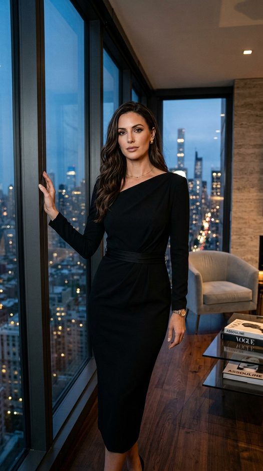 Женщина у панорамного окна в luxury апартаментах