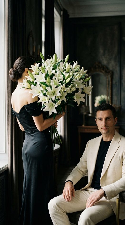 парная fashion фотосессия с белыми лилиями vogue