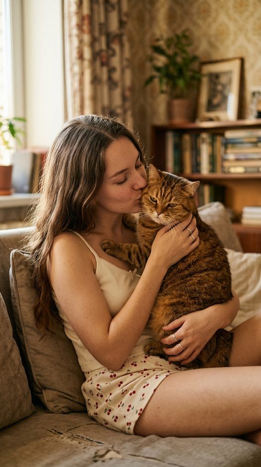 девушка дома с котом табби