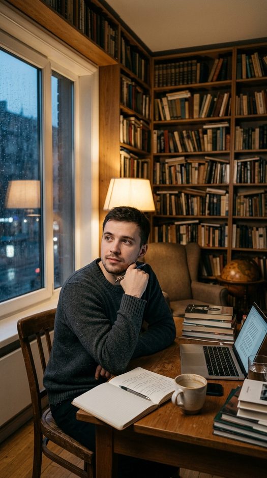 мужчина писатель в домашнем кабинете с книгами