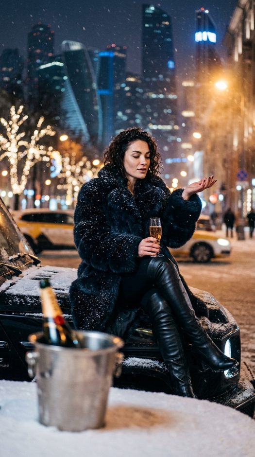 женщина на капоте авто в снегу ночью