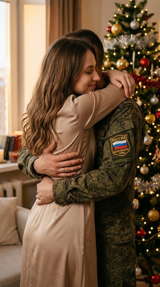 пара в объятиях у новогодней елки