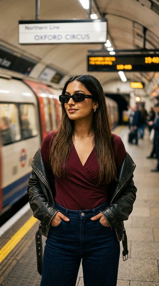 девушка на платформе метро в street fashion