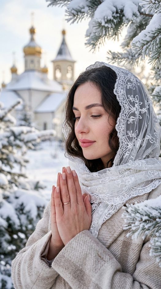 рождественская фотосессия в платке у храма