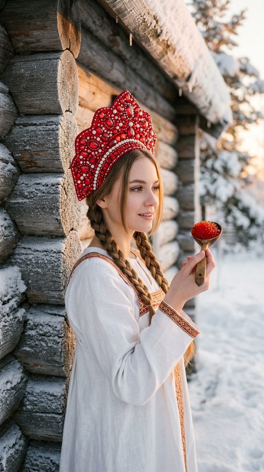 зимняя фотосессия у русской избы с кокошником