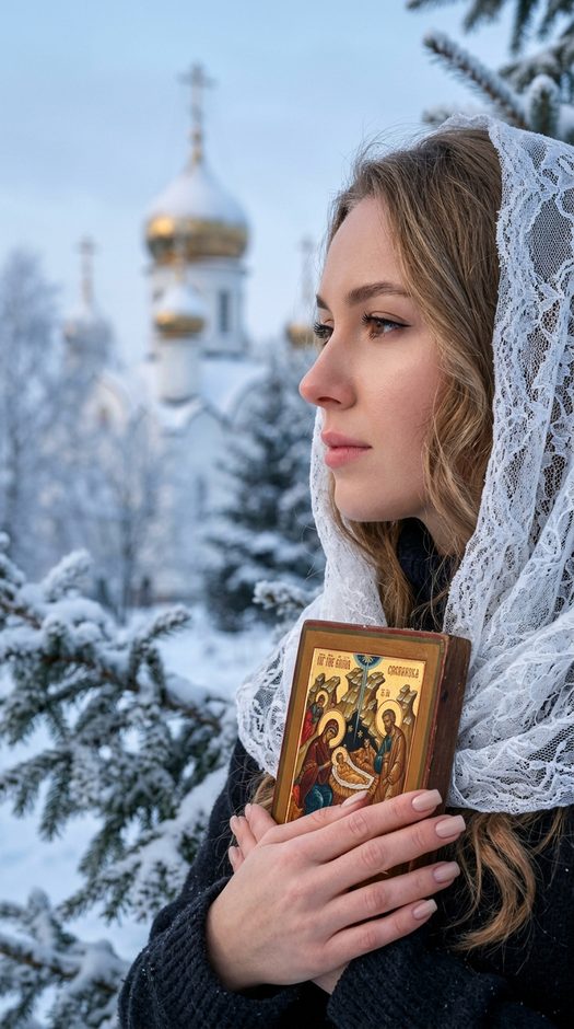 рождественская фотосессия в профиль с иконой