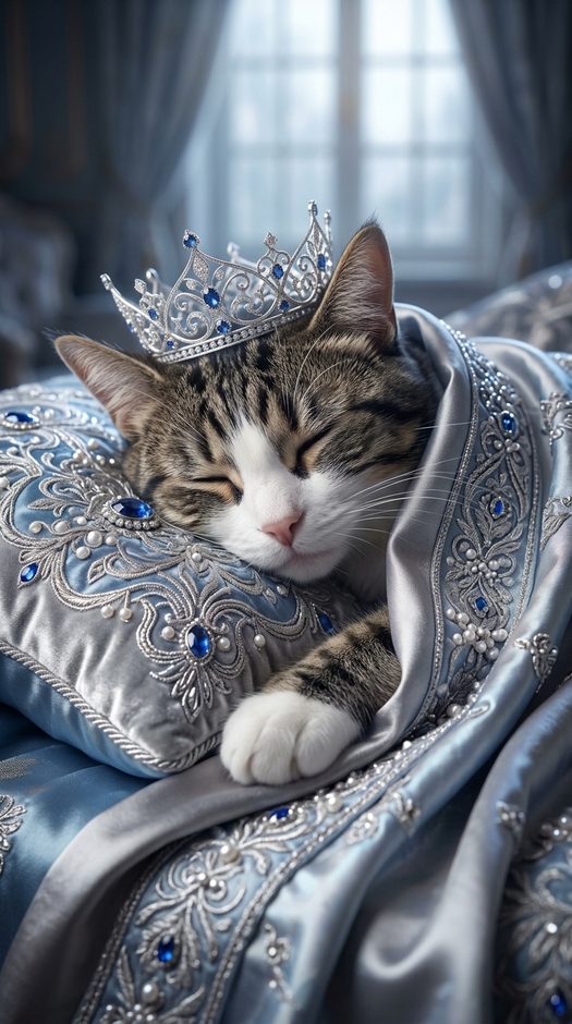 спящая кошка в короне на роскошной подушке