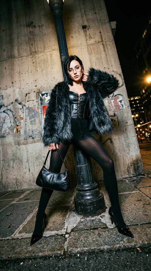 девушка у фонарного столба в fashion образе