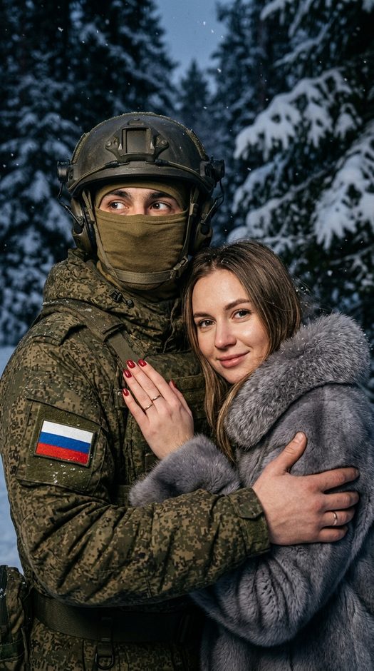 пара в зимнем лесу с военной формой