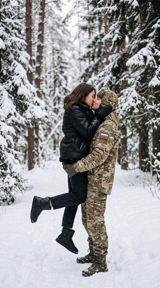 поцелуй пары в зимнем лесу с военной формой