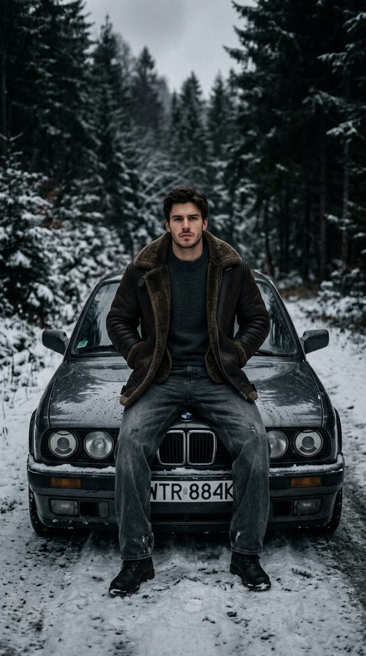 мужчина на bmw в зимнем лесу