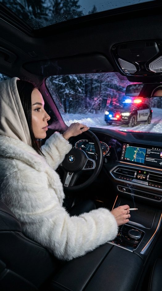 девушка за рулем bmw ночью с полицейскими маячками