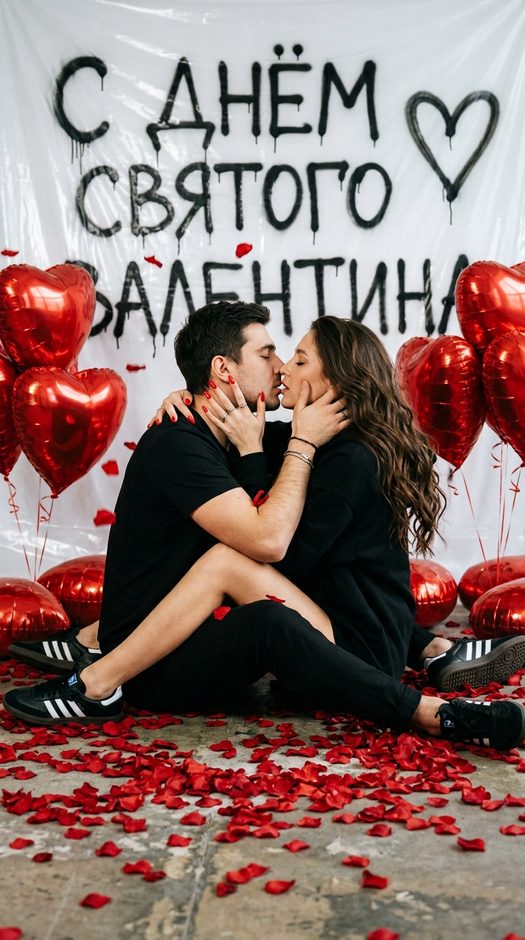 Пара с шарами сердцами на день влюбленных