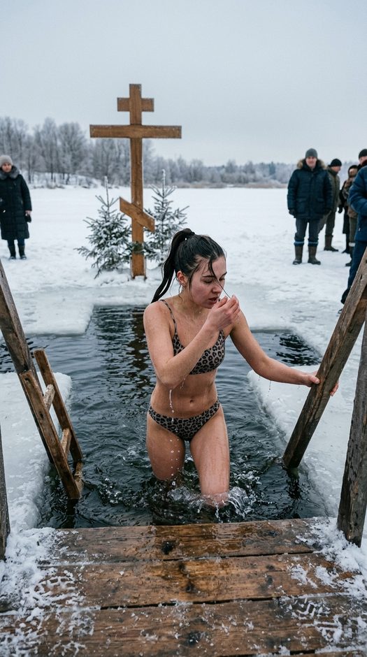 крещенское купание в проруби с православным крестом